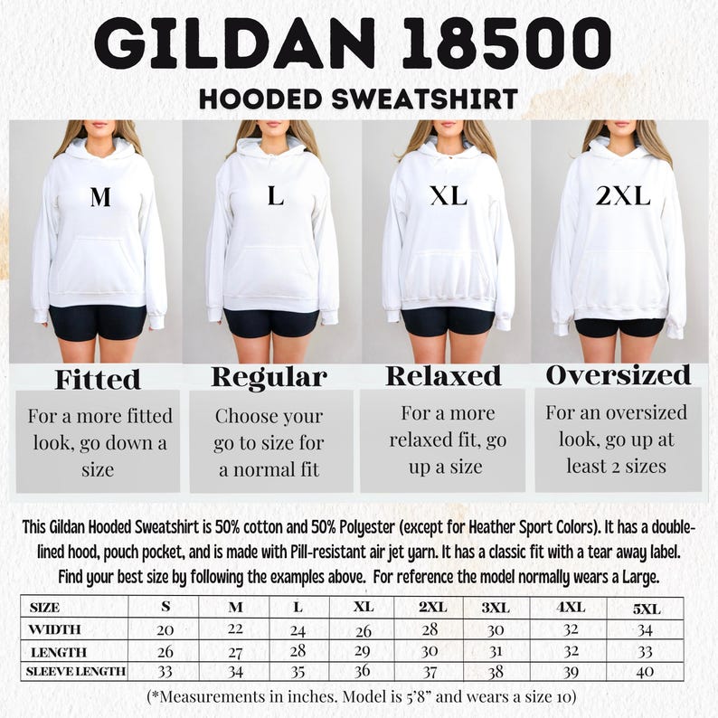 The image is a collage of four images showing different sizes of a GILDA 18500 Hooded Sweatshirt, with each image featuring a woman wearing the size. The images are labeled with the size and the corresponding description for each size.