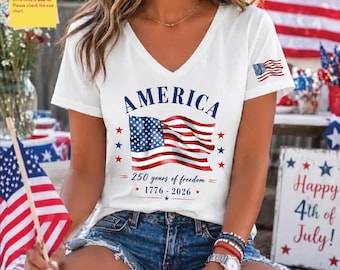 America  1776-2026 Vneck Shirt, America Flag Sleeve Print Vneck, 4th Of July Vneck, IMC1353