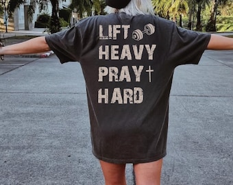Camiseta con colores reconfortantes "Levanta pesas y reza con fuerza", camiseta motivacional para fitness, camiseta para entrenar en el gimnasio, camiseta cristiana para gimnasio, IMC1040
