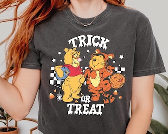 Retro Trick or Treat Pooh and Tigger Comfort Colors Shirt, Winnie The Pooh Halloween Shirt, Halloween Tee, Disney Halloween Trip Tee IMC797
