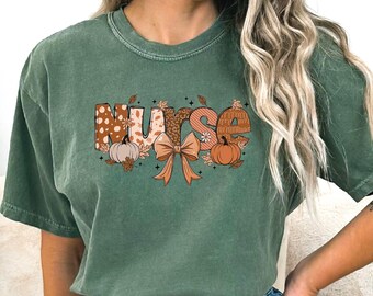 Fall Nurse Comfort Colors Shirt, Nurse Pumpkin Tshirt, Fall Coquette Bow T Shirt, Nurse Gift IMC845