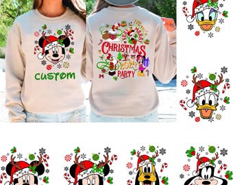 May include: A beige sweatshirt with a Christmas-themed design featuring Mickey Mouse, Minnie Mouse, Goofy, and Donald Duck. The design includes the text "Mickey's Very Merry Christmas Party 2024". The sweatshirt has a custom design on the front and the Christmas design on the back.