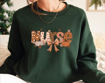 Fall Nurse Sweatshirt & Hoodie, Nurse Pumpkin Sweatshirt, Fall Coquette Bow Hoodie, Nurse Gift IMC845