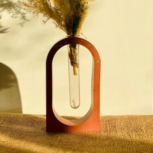Könnte beinhalten: Eine moderne, terrakottafarbene Vase mit einem Einsatz aus klarem Glasrohr, in dem getrocknete Ziergräser stecken. Die Vase hat einen bogenförmigen Holzrahmen. Die Anordnung steht auf einer strukturierten, beigefarbenen Oberfläche.
