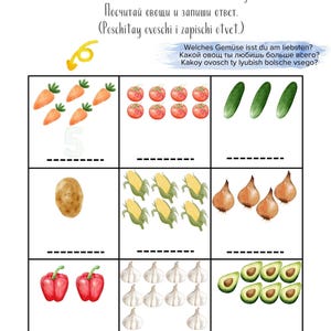 May include: A worksheet with colorful illustrations of various vegetables, including carrots, tomatoes, cucumbers, potatoes, corn, onions, peppers, garlic, and avocados. The worksheet asks the user to count the number of each vegetable and write the answer in the blank space provided.