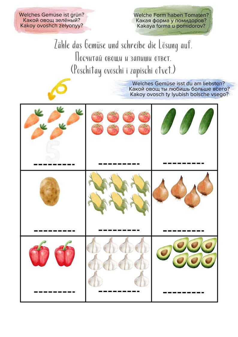 May include: A worksheet with colorful illustrations of various vegetables, including carrots, tomatoes, cucumbers, potatoes, corn, onions, peppers, garlic, and avocados. The worksheet asks the user to count the number of each vegetable and write the answer in the blank space provided.