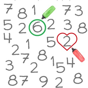 May include: A worksheet with a grid of numbers from 1 to 9. The instructions are to draw a red heart around the number 2 and a red circle around the number 6. The numbers 2 and 6 are already circled in green and red.