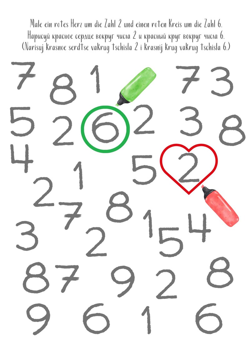 May include: A worksheet with a grid of numbers from 1 to 9. The instructions are to draw a red heart around the number 2 and a red circle around the number 6. The numbers 2 and 6 are already circled in green and red.
