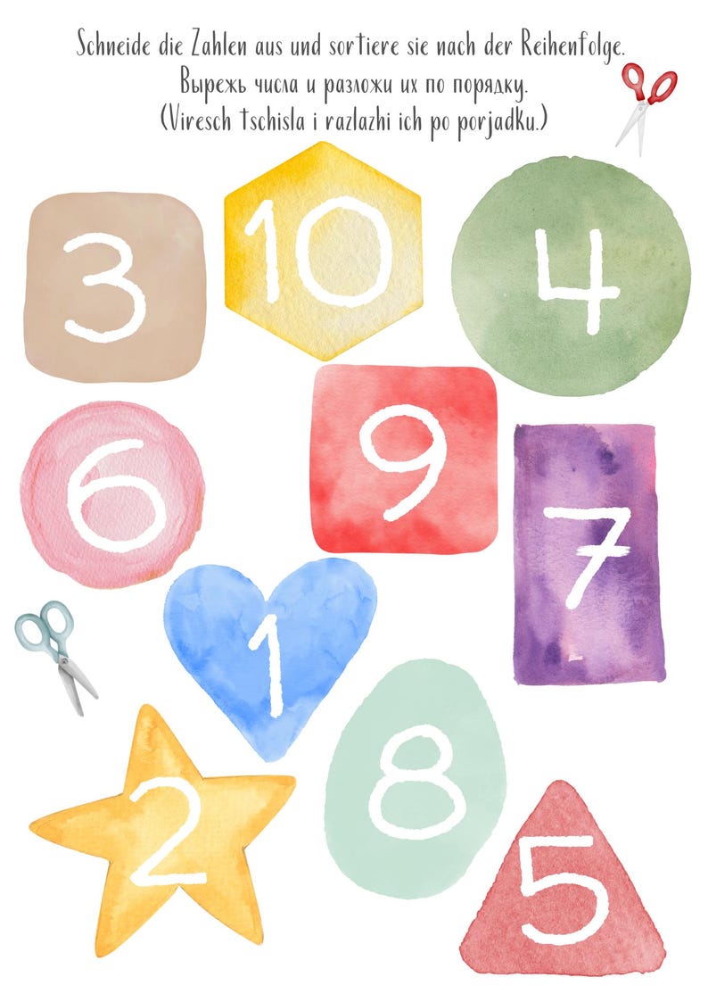 May include: A colorful educational activity for kids featuring ten watercolor painted shapes with numbers 1 through 10 written in white. The text on the page reads "Schneide die Zahlen aus und sortiere sie nach der Reihenfolge.  Вырежь числа и разложи их по порядку. (Viresch tschisla i razlazhi ich po porjadku.)"