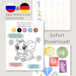 May include: A printable coloring page featuring a cartoon bee with numbers 1 through 5. The bee is surrounded by flowers. The page is in German and Russian. The text says "Zweisprachige Erziehung" which means bilingual education. The text also says "Male das Bild nach den Zahlen aus" which means "Color the picture according to the numbers".
