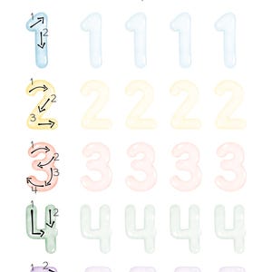 May include: A worksheet with instructions in German and English to trace the numbers 1 through 5. The numbers are written in a large, colorful font and are surrounded by arrows indicating the direction to trace.