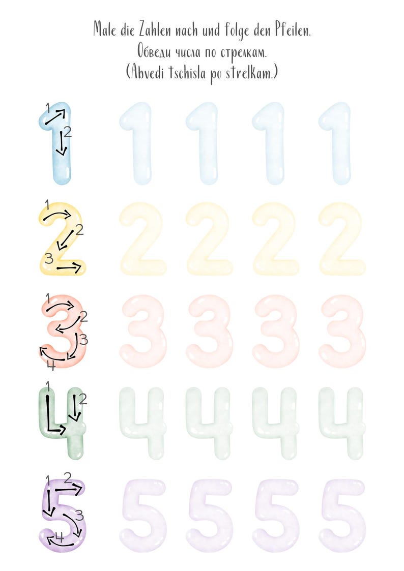 May include: A worksheet with instructions in German and English to trace the numbers 1 through 5. The numbers are written in a large, colorful font and are surrounded by arrows indicating the direction to trace.