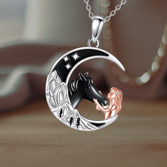 925 Sterling Silver Horse Pendant Necklace Horse Nature Moon