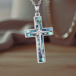 925 Sterling Silver Christian Cross Necklace Patron Abalone Shell Cross Pendant Religious Jewelry For Women