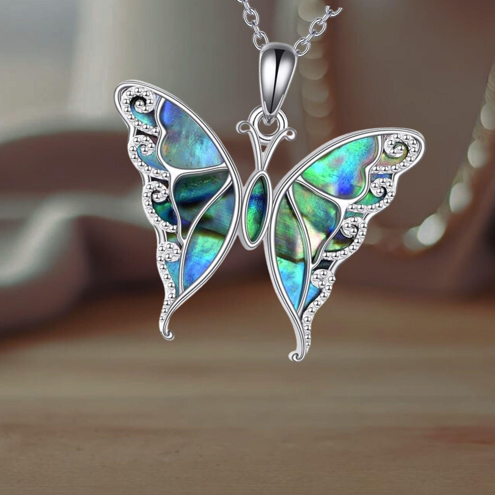 Collier Papillon Avec Pendentif Cœur En Argent 925 Et Pierre De Lune - Bijou Animal Romantique - Cadeau Pour Femme, Fille, Amoureuse
