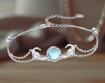 Bracciale Donna Argento 925 Con Pietra Di Luna E Gatto - Gioiello Elegante, Regalo Per Amanti Dei Gatti