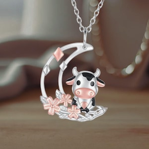 Cow Necklace Moon 925 Sterling Silver Cute Cow Jewelry for Women Animal Lovers