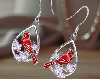 Drop Dangle Cardinal Bird Teardrop Earrings For Women Sterling Silver Bird Flowers Earrings