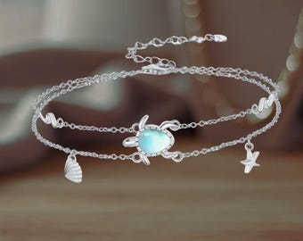 Sea Turtle Moonstone Bracelet 925 Sterling Silver Seashel Starfish Ocean Jewelry
