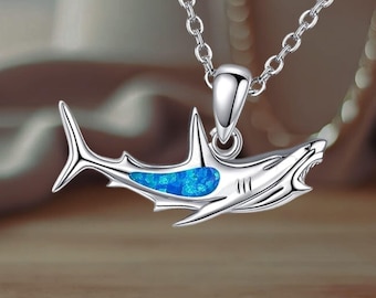 Shark Ocean Necklace for Women 925 Sterling Silver Blue Opal Pendant Adjustable Chain