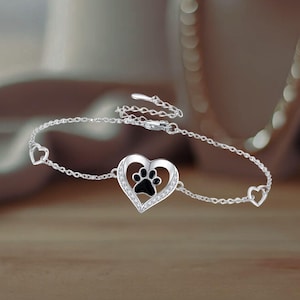 Cute Paw Bracelet Sterling Silver Paw Print Love Heart Bracelet Dog Cat Jewelry for Women Girls