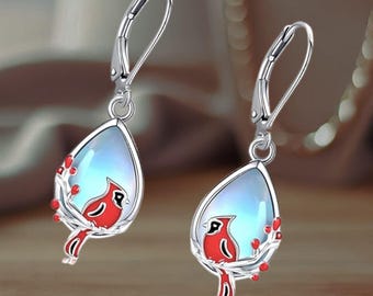 Drop Dangle Red Cardinal Earrings For Women Sterling Silver Moonstone Teardrop Earrings