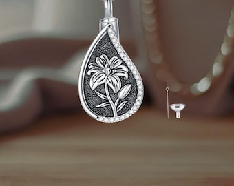 Lily Teardrop Urn Necklace Sterling Silver Cremation Keepsake Memorial Jewelry for Women