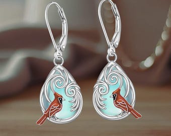 Drop Dangle Red Cardinal Earrings For Women Sterling Silver Moonstone Teardrop Earrings