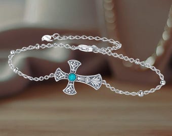 925 Sterling Silver Cross Bracelet Turquoise Cross Jewelry for Women