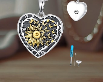 Heart Urn Necklace For Women 925 Sterling Silver Sunflower Butterfly Urn Necklace Memorial Family Jewelry