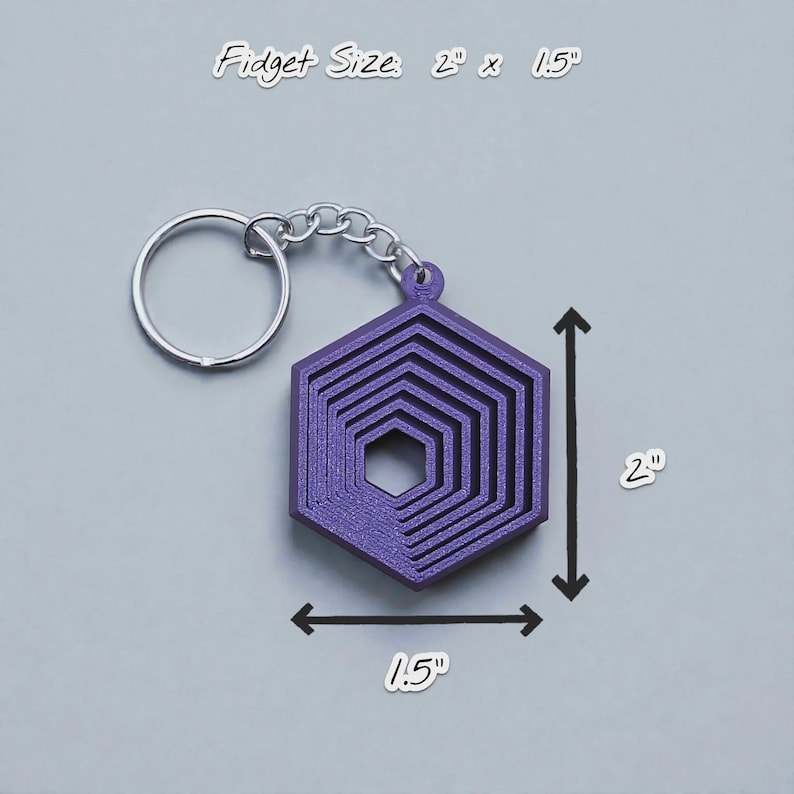 Handmade and customizable hex fidget keychains shown in indigo purple, featuring colorful designs, perfect for kids birthday parties, classroom prizes, sensory play, and party favor gifts.