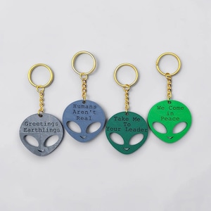 Personalized Alien Keychain: Engraved Sci-Fi Bag Charm, Handmade in USA, 30 Colors, Bulk Discounts