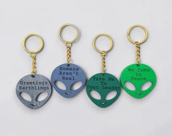 Personalized Alien Keychain: Engraved Sci-Fi Bag Charm, Handmade in USA, 30 Colors, Bulk Discounts