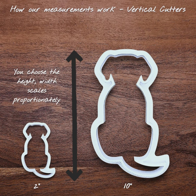 Photo guide showing how our cookie cutter sizing works for different shapes of cookie cutters and stamps.