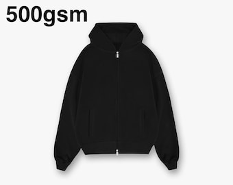 500gsm Blank Black Zip Hoodie - Ultra Heavyweight Oversized Blank