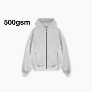May include: A gray hooded sweatshirt with a zipper closure. The sweatshirt has a 500gsm weight.