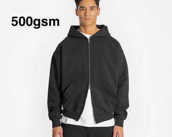 500gsm Blank Black Zip Hoodie - Ultra Heavyweight Oversized Blank