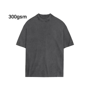 May include: A dark gray, short-sleeved t-shirt with a crew neck. The t-shirt is made of 300gsm fabric.