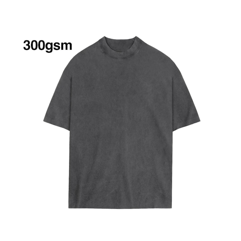 May include: A dark gray, short-sleeved t-shirt with a crew neck. The t-shirt is made of 300gsm fabric.