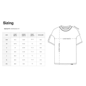 May include: Sizing chart for a t-shirt with measurements in inches for chest width, sleeve length, front length, and shoulder width. Sizes include XXS, XS, S, M, L, XL, and XXL.