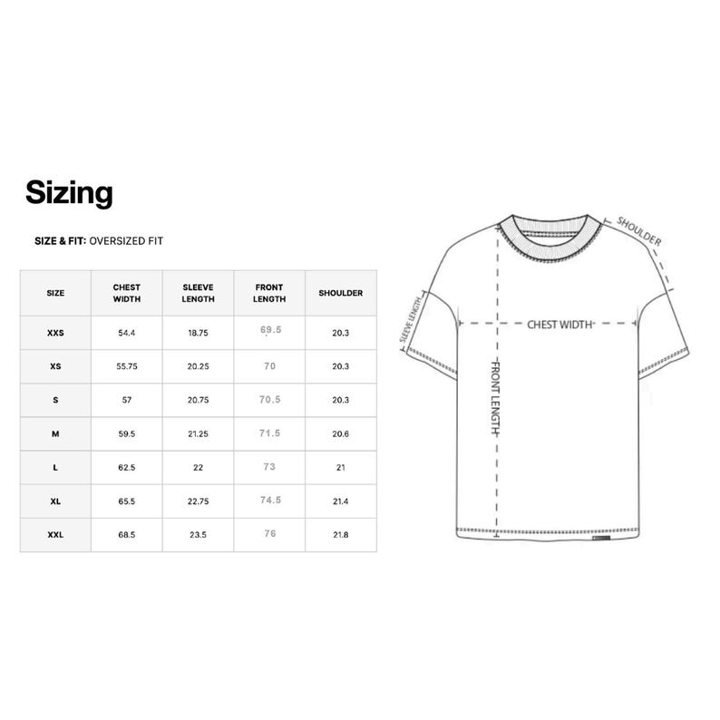 May include: Sizing chart for a t-shirt with measurements in inches for chest width, sleeve length, front length, and shoulder width. Sizes include XXS, XS, S, M, L, XL, and XXL.