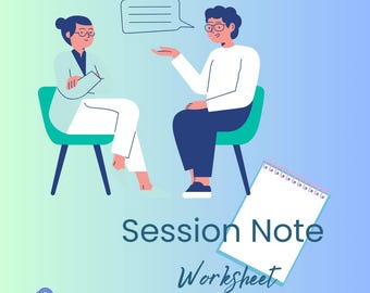 May include: A therapist and client sit facing each other in chairs. The client is speaking and the therapist is listening. A blank notepad with a pink spiral binding is in the foreground with the text "Session Note Worksheet".