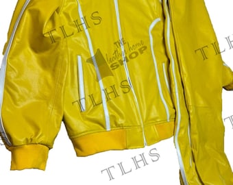 Men's Real Leather fashion style Yellow with White Strip Tracksuit