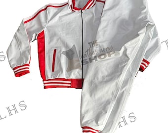 Men&#39;s Real Leather fashion style White with Red Strip Tracksuit