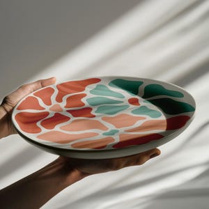 Puede incluir: Plato decorativo de cer&aacute;mica con dise&ntilde;o abstracto colorido. El plato presenta una base blanca con un patr&oacute;n de formas rojas, coral y turquesas. Se muestra sostenido por dos manos, resaltando su dise&ntilde;o.