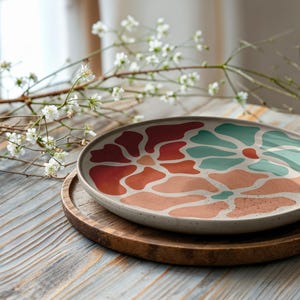 Puede incluir: Un plato de cer&aacute;mica con un dise&ntilde;o floral en tonos rojos, coral y verde azulado. El plato est&aacute; sobre una bandeja redonda de madera, con una ramita de flores blancas en el fondo. El plato tiene aproximadamente 30 cm de di&aacute;metro.