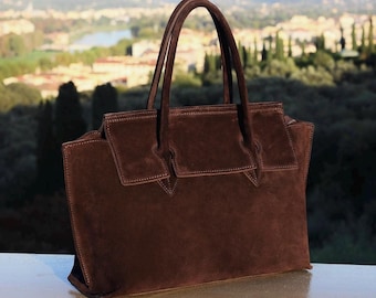 Handcrafted Italian Suede Tote: Versatile Laptop-Ready Shoulder Bag for Women - Luxurious Brown Leather Gift