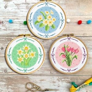 Tulpen, sleutelbloemen en narcissen Bundel kruissteekpatroon: pdf-diagram direct downloaden