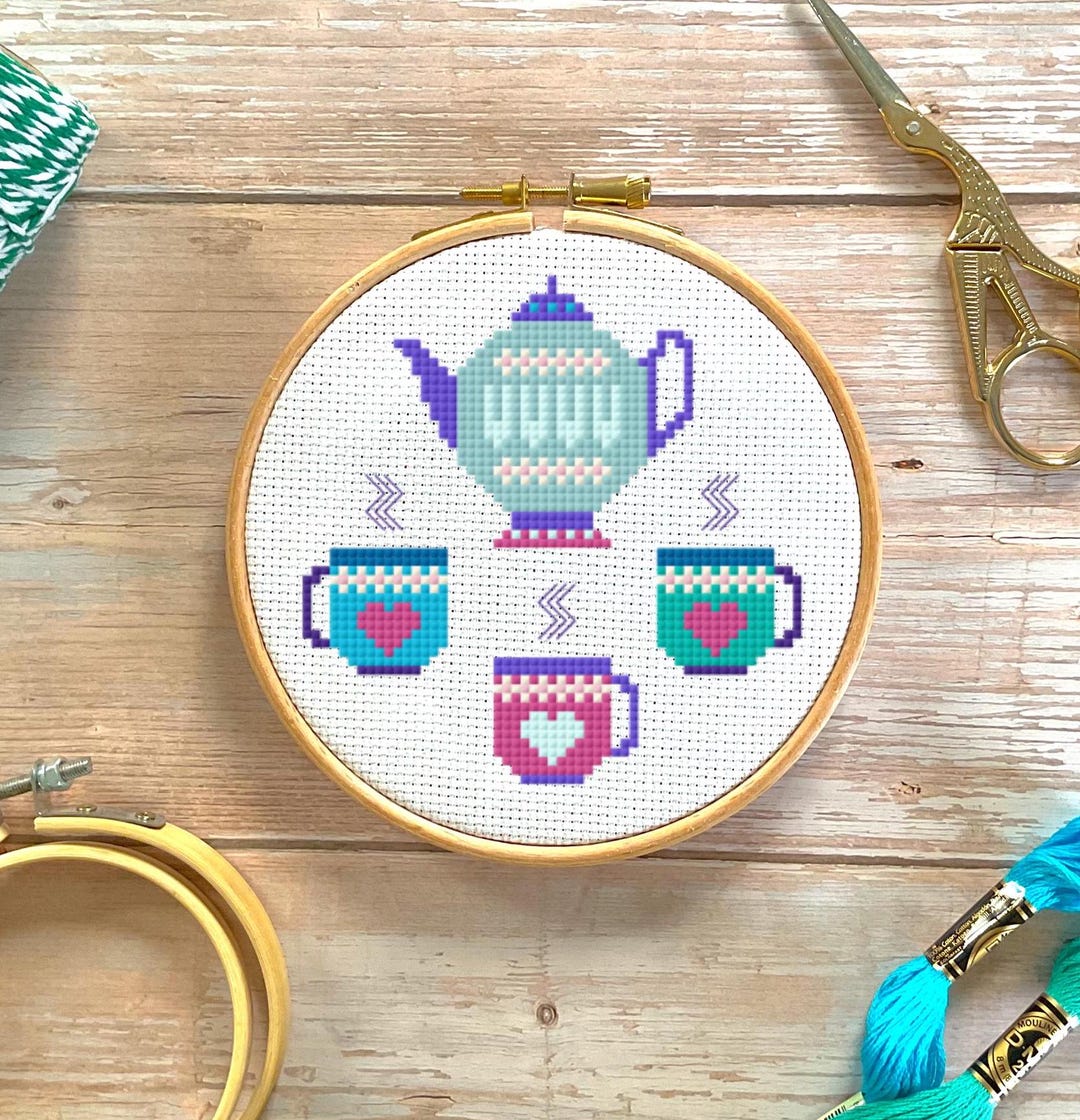 Tea Party - Teacups & Teapot Cross Stitch Pattern: Instant Download PDF ...