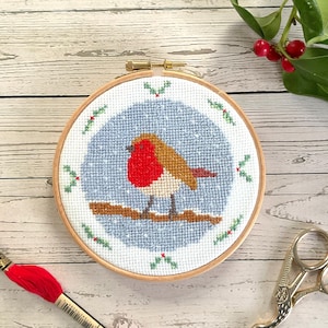 Winter Robin Cross Stitch Pattern: Snowy Holly Border (PDF Download)